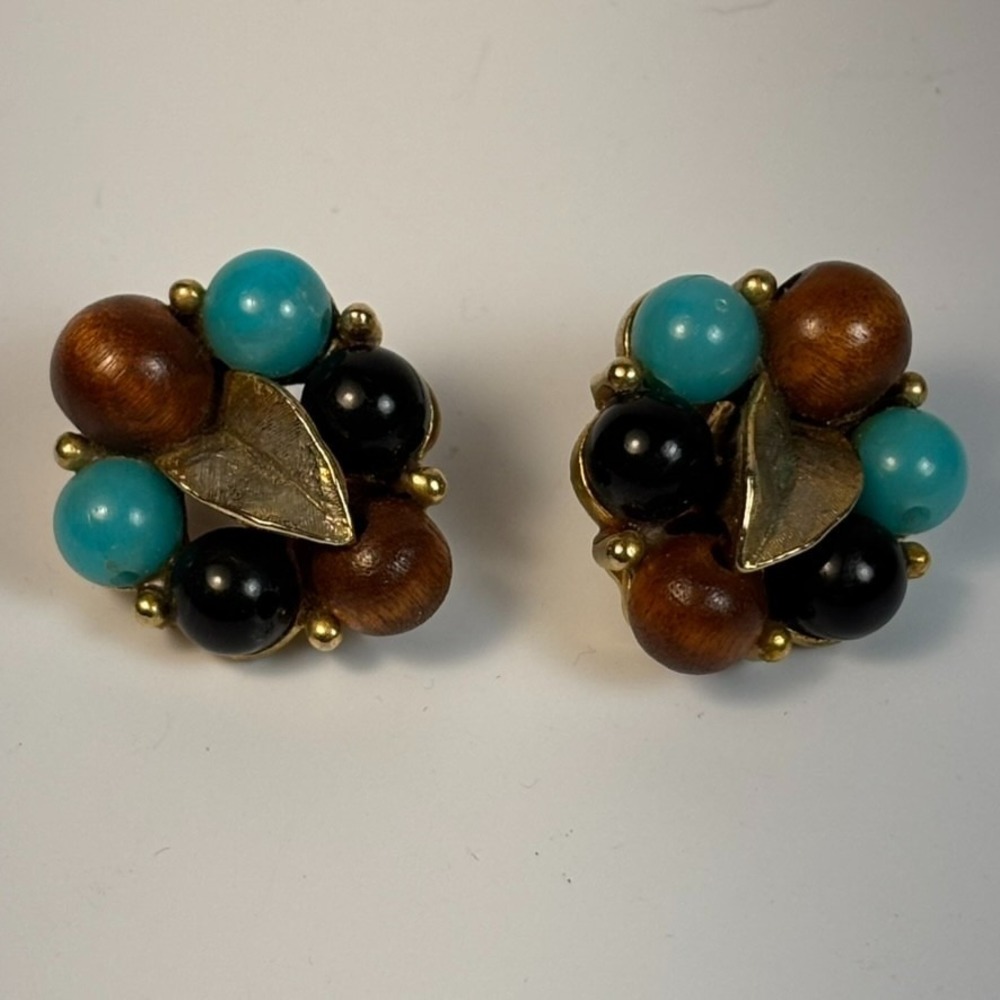 Vintage Earrings Clip On Signed Art Arthur Pepper Aqua‎ Brown Cluster Earrings